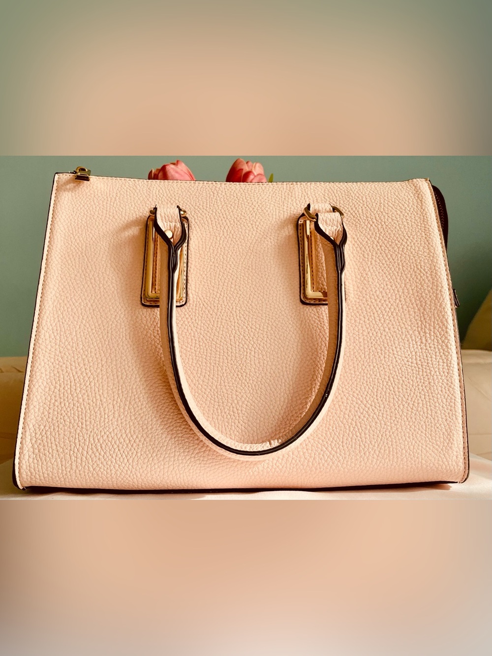 ALDO tote bag with textured faux leather, top zip closure & dual top handles. - Picture 3 of 7
